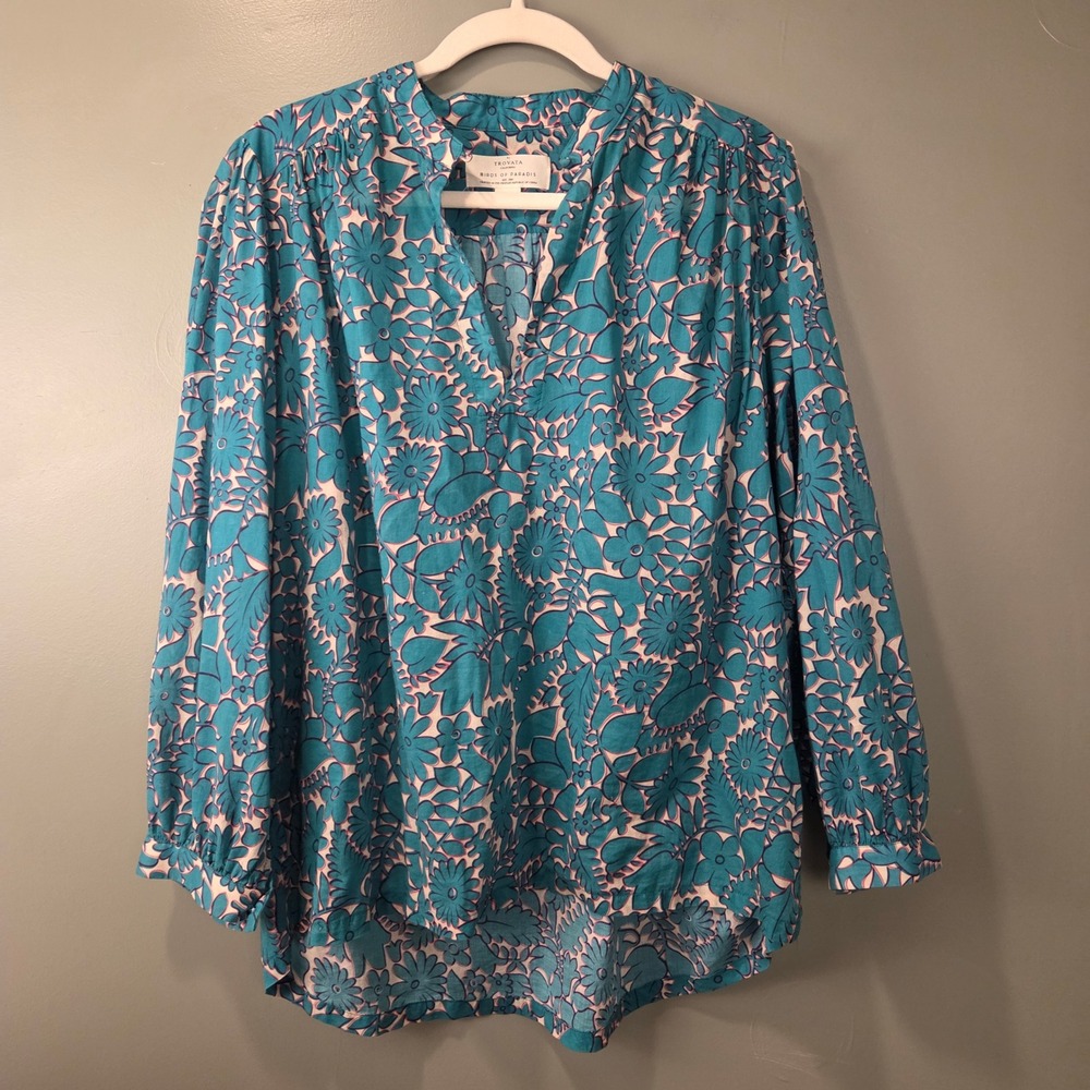 Trovata Floral Print Birds Of Paradise Blouse 100% Cotton Womens Size L Tropical